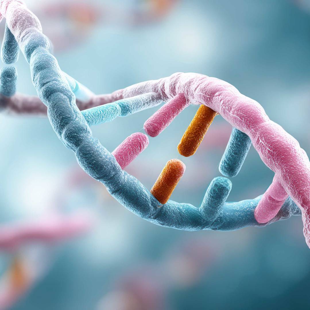gDetailed 3D illustration of a DNA double helix with separated base pairs highlighted in orange, symbolizing genetic editing or mutation.